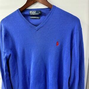 Vintage Polo Ralph Lauren V-Neck Sweatshirt Blue Mens Large Pima Cotton Preppy